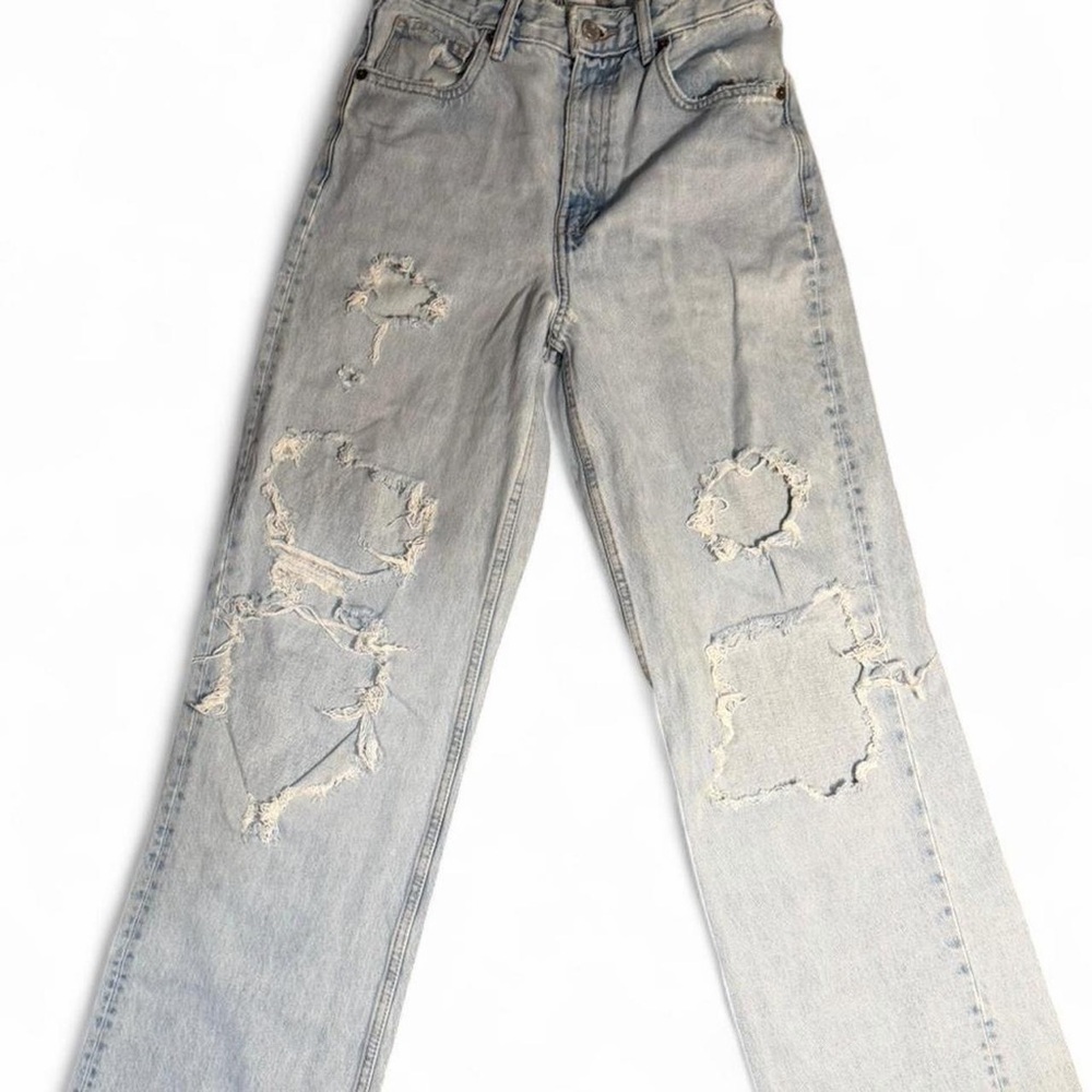 Zara Light Blue Distressed Straight Leg Jeans